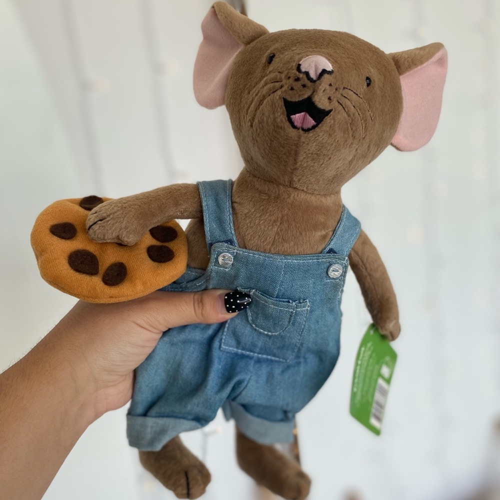 Brown Plush Mouse in Denim Overalls with Cookie Toy - Kids Stuffed Animal